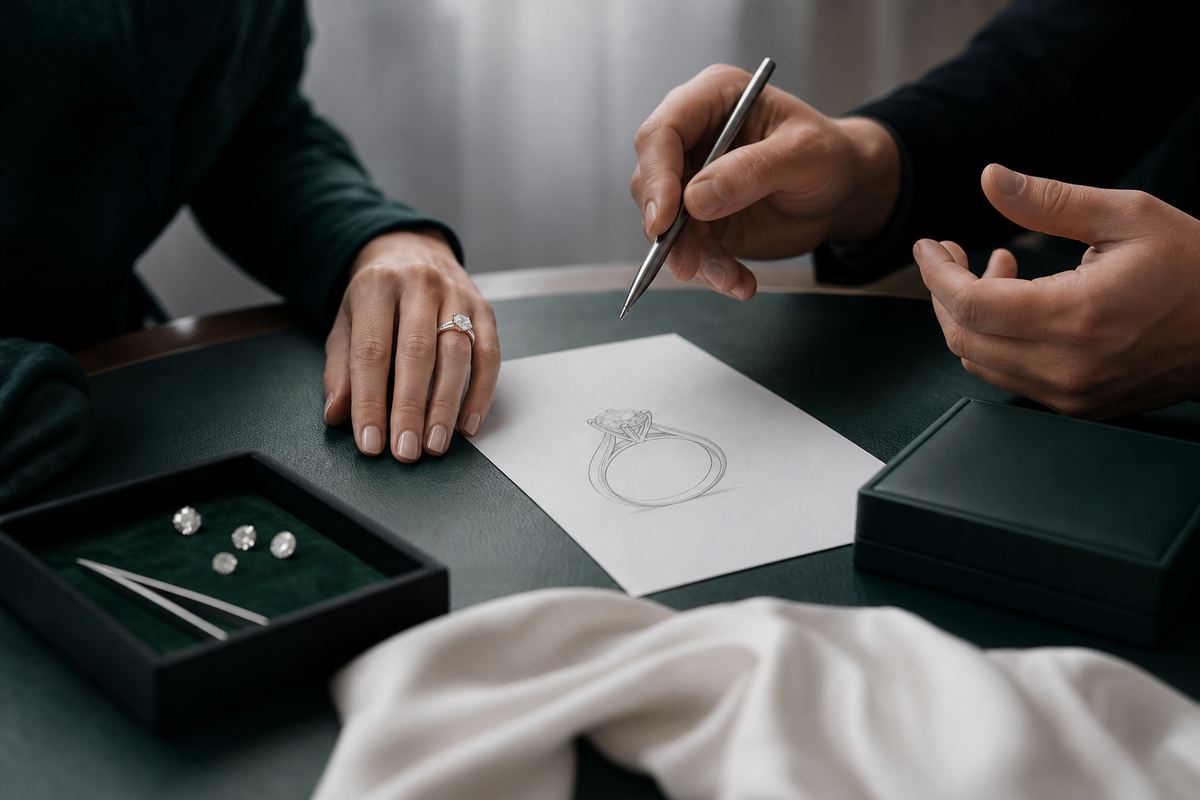 Private engagement ring consultation with sketches and diamond choices