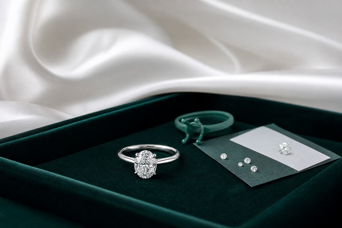 Platinum engagement ring and diamond design tray on white silk