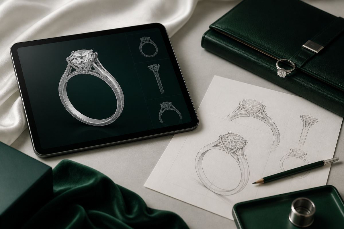 Bespoke engagement ring CAD design and sketches