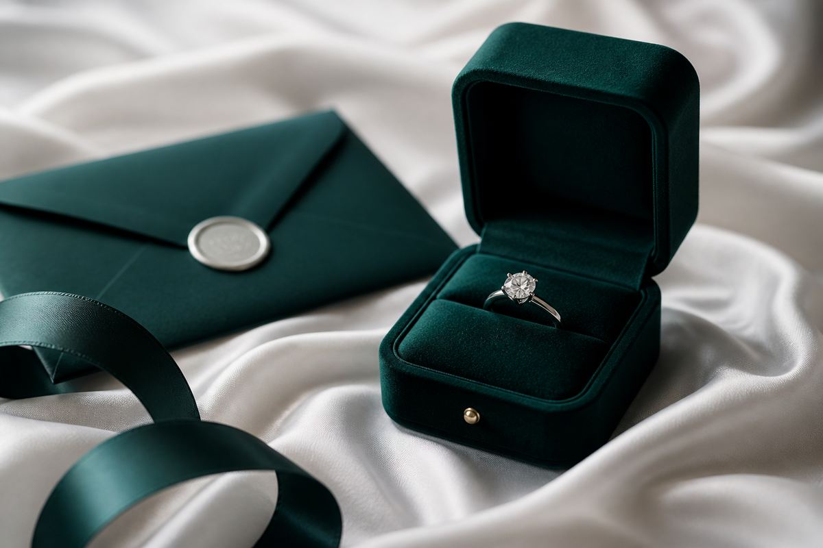 Diamond engagement ring presented in an emerald velvet box