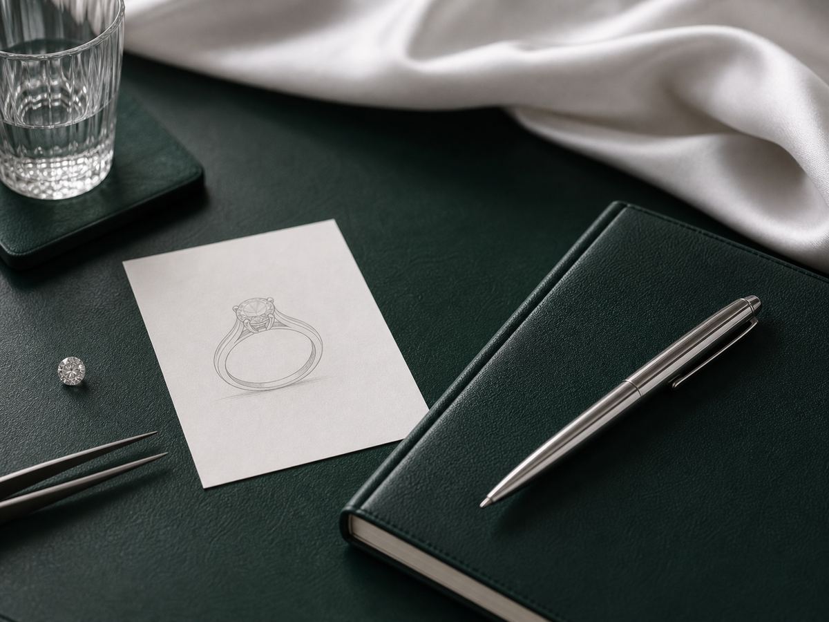 Private bespoke ring consultation setup with sketches and emerald leather
