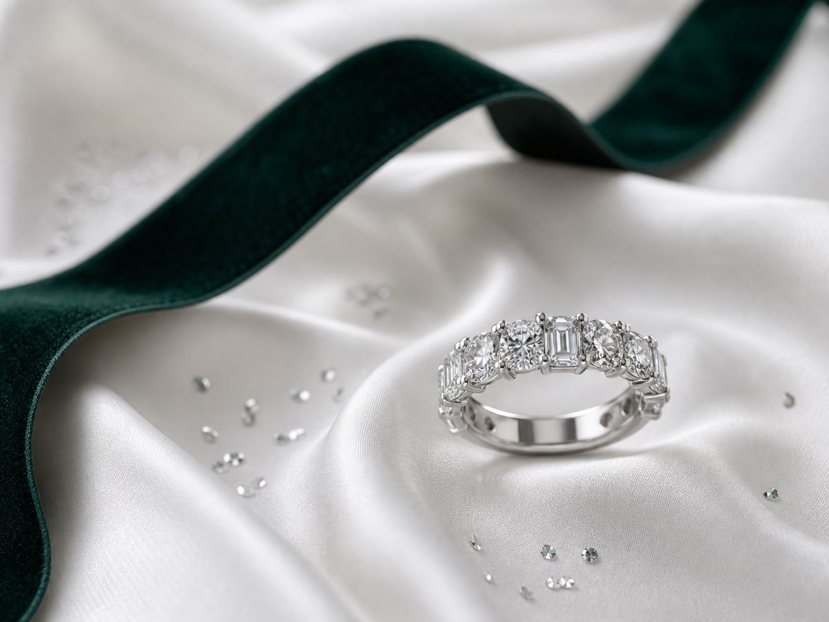 Diamond celebration ring in platinum on white silk and emerald velvet